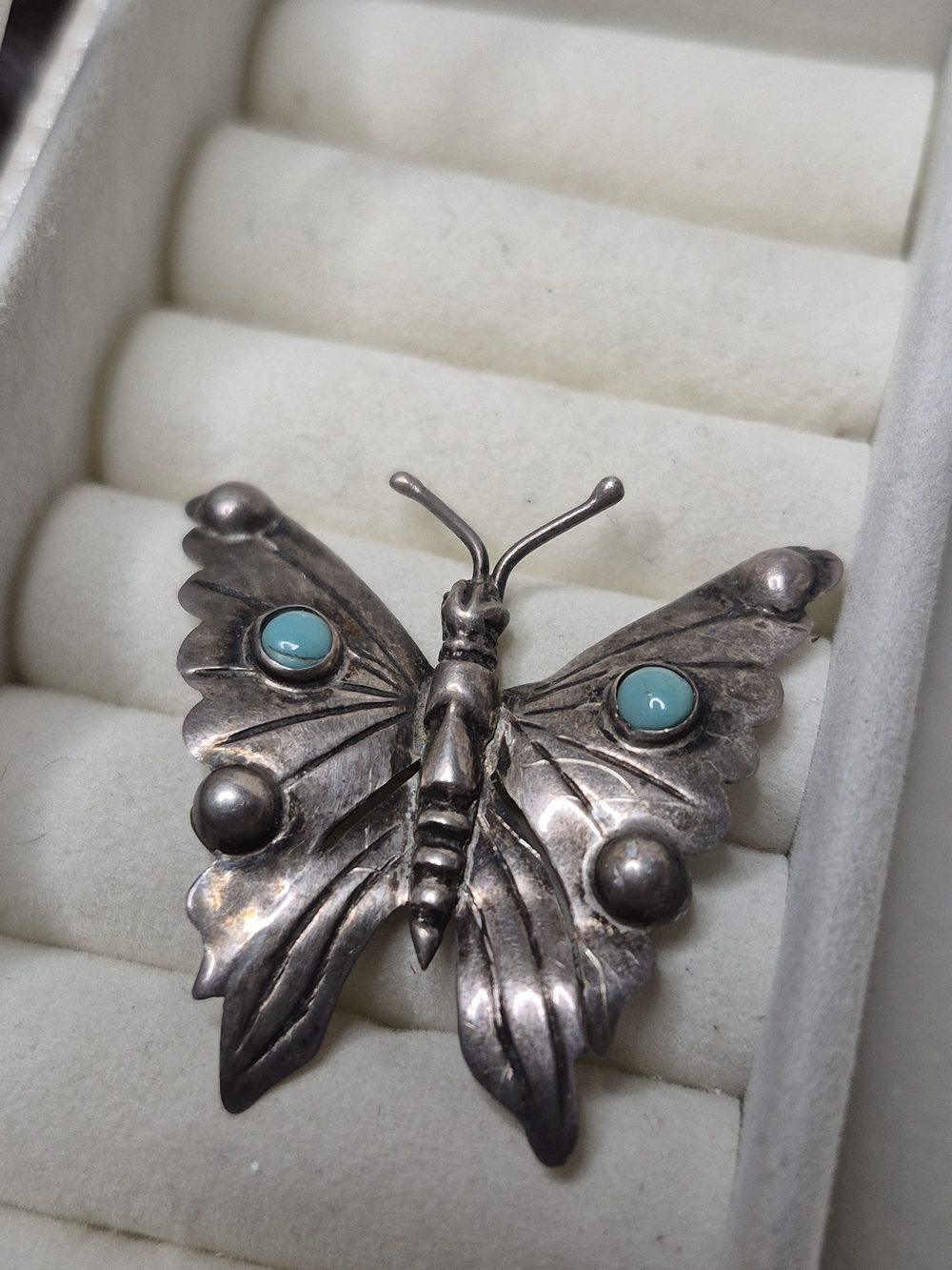 Vintage Sterling Silver Butterfly Brooch with Turquoise Accents